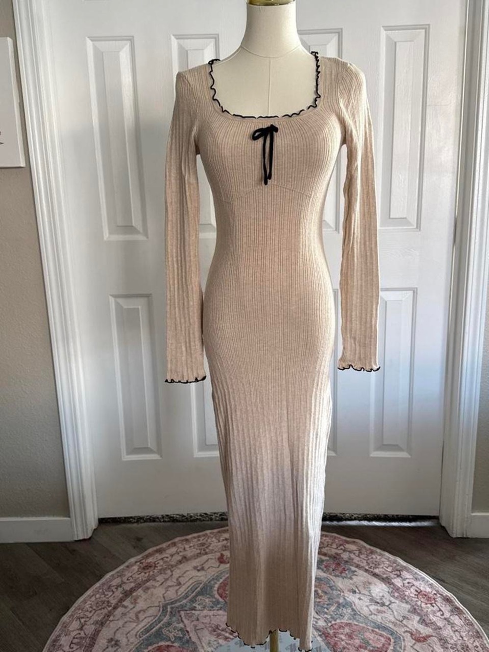 Beige Ribbed Maxi Dress with Black Contrast Trim